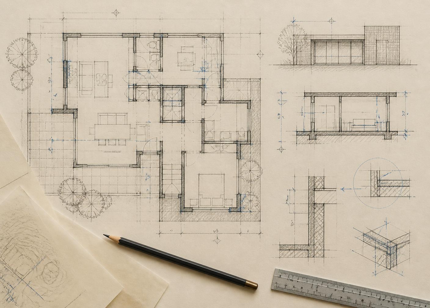 Technical plans and drafting tools laid out on a desk