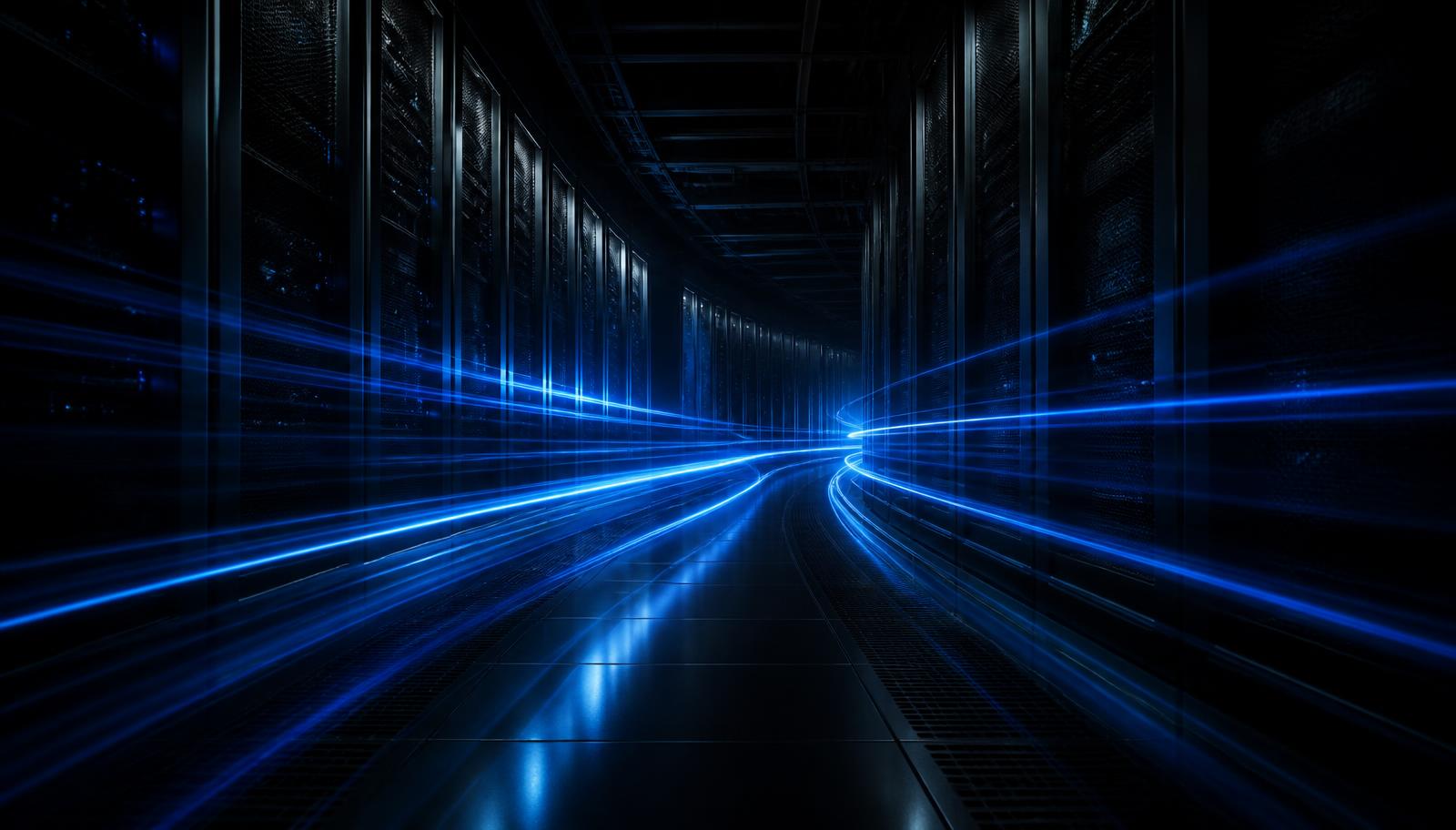 Long-exposure light trails running through a dark server hall