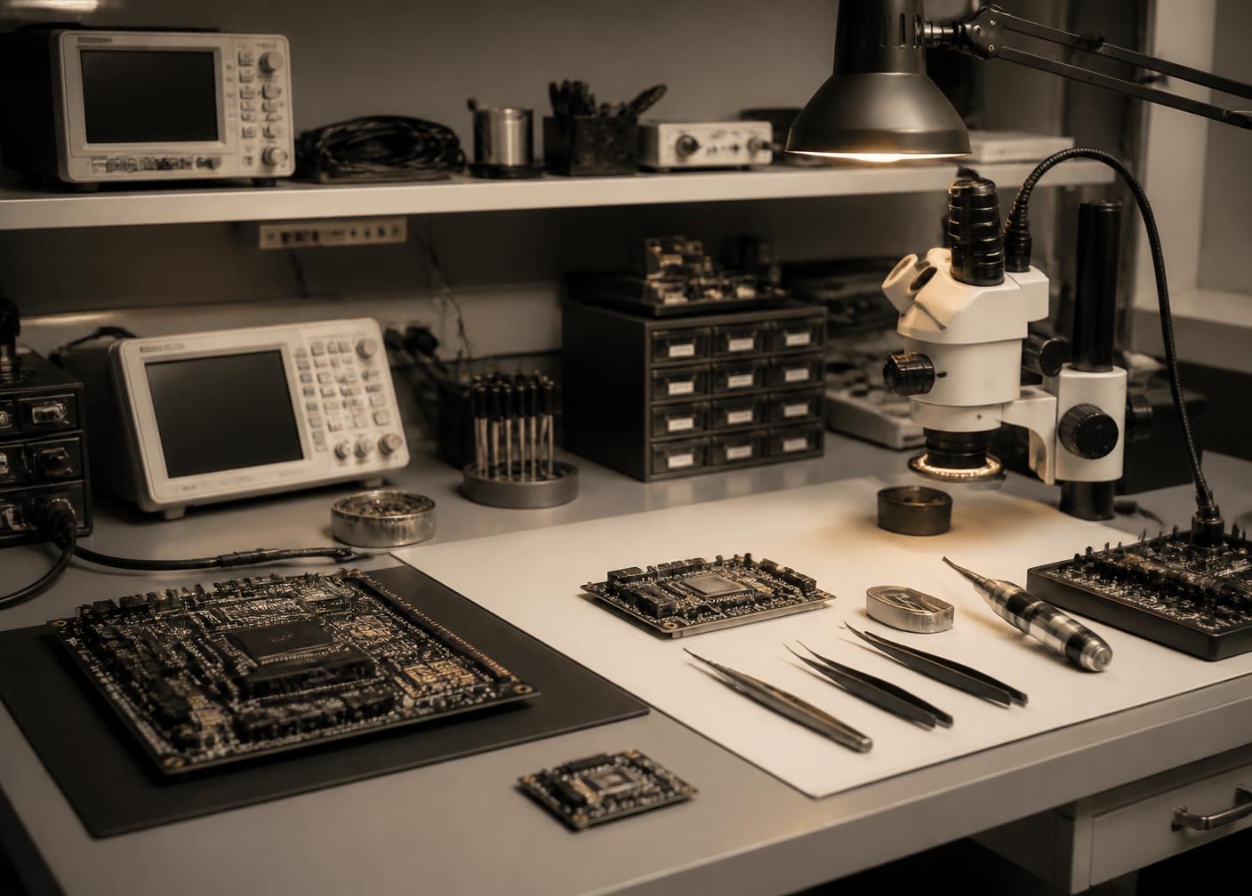 Precision electronics workbench with instruments, circuit boards and hand tools