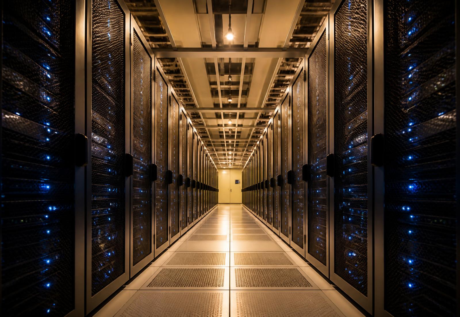 Rows of server racks in a lit data centre corridor