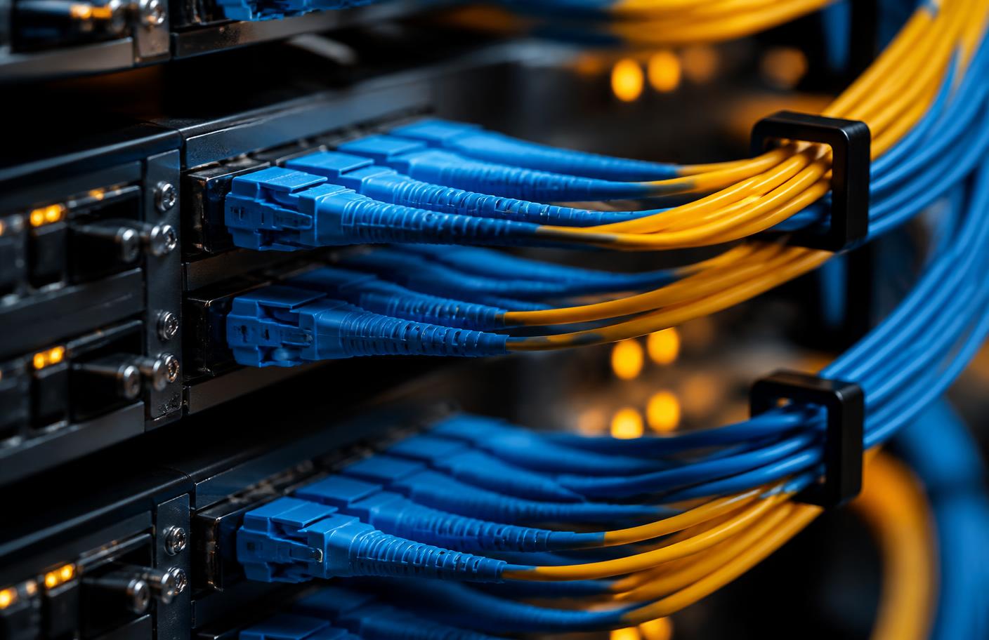 Blue and amber fibre optic cables connected to a patch panel