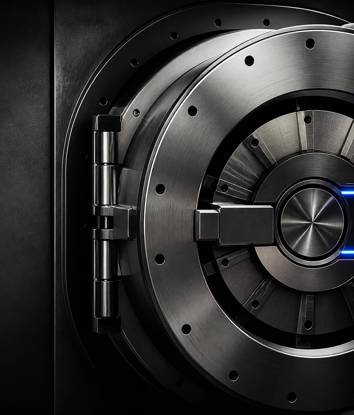Machined steel vault door mechanism seen close up