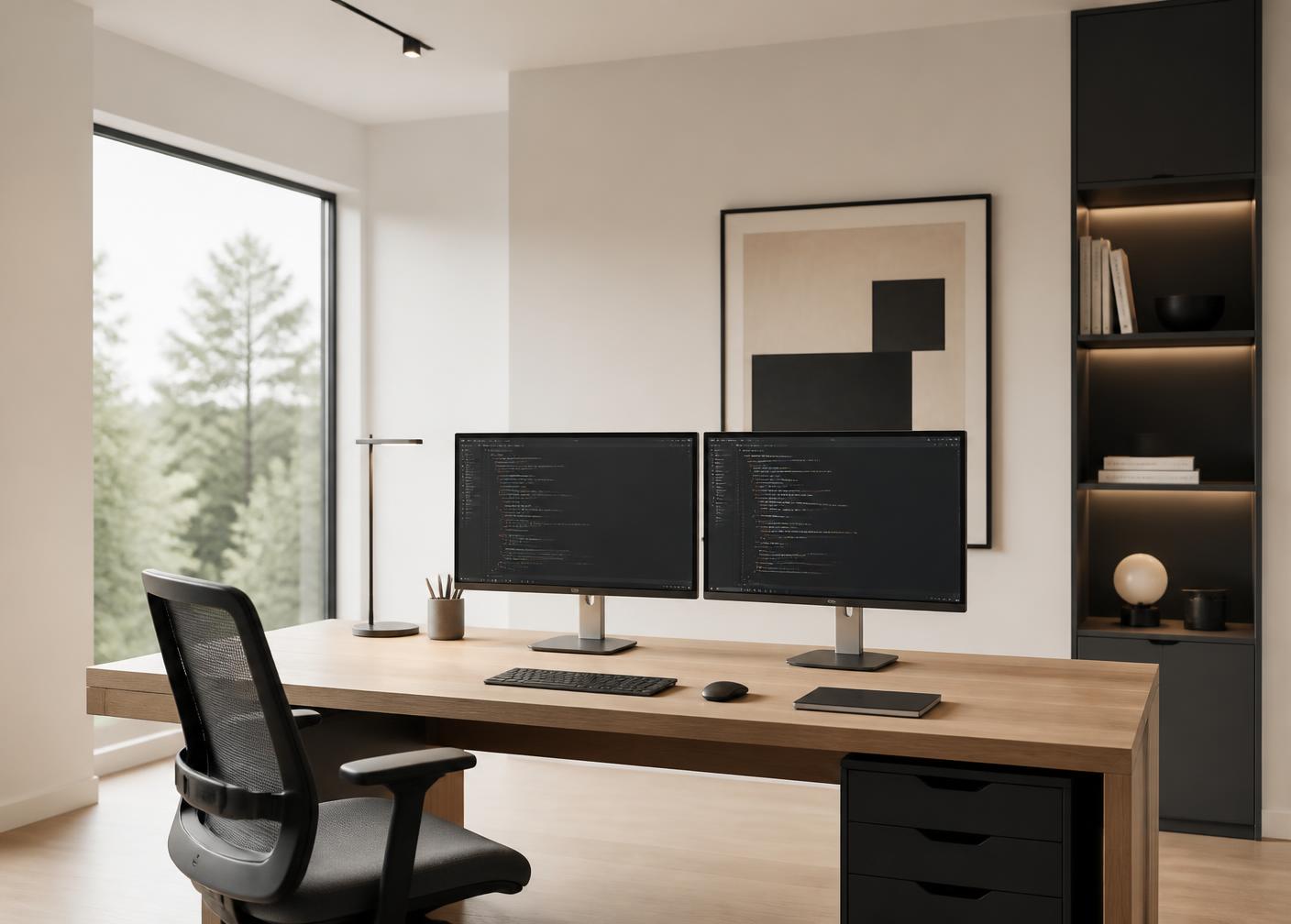 Quiet contemporary workspace with monitors, daylight and minimal furnishing